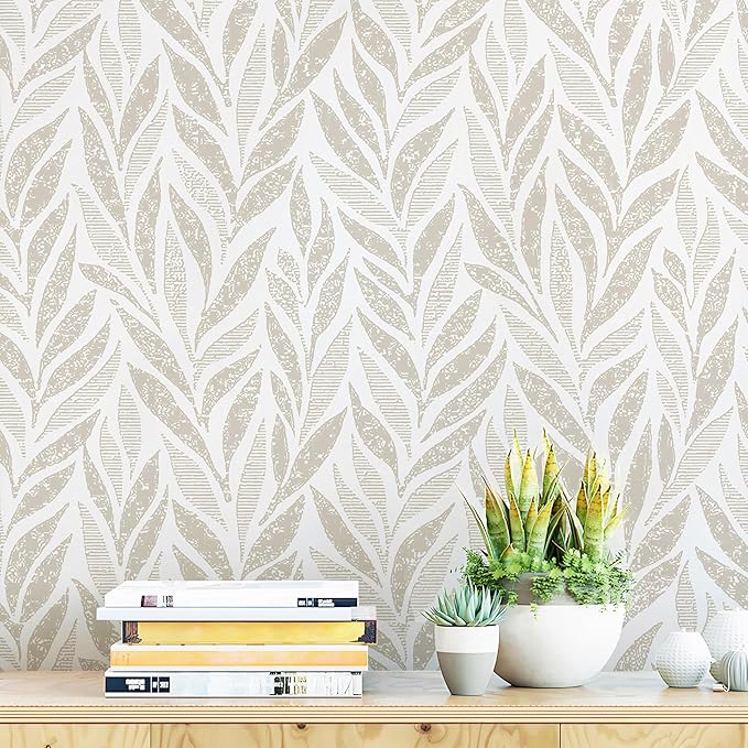 Safiyya 393"x17.3" Boho Peel and Stick Wallpaper Beige and White Wallpaper Leaf