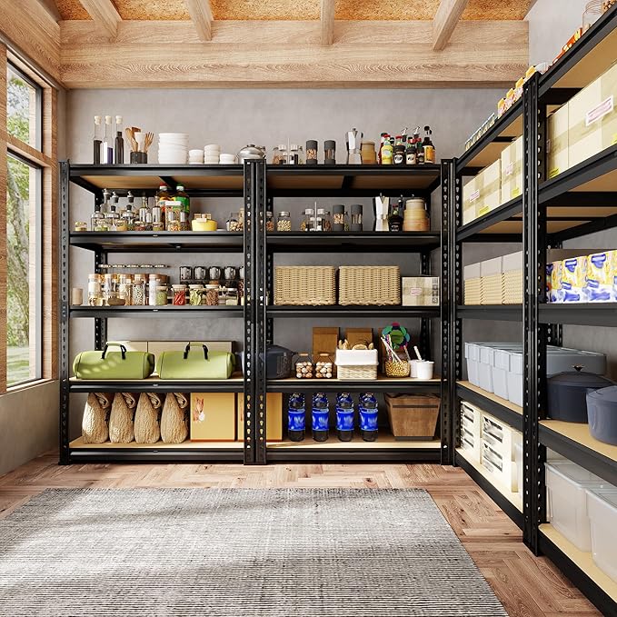 72.12" H Garage Shelving, Storage Shelves Load 2100LBS, 5-Tier Adjustable Shelving Unit with Thickened Wooden Boards for Multiple Scenarios, 72.12" H x 35.55" W x 11.85" D, Black