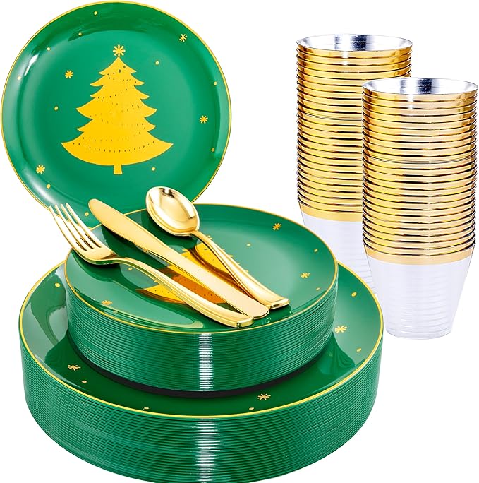 WDF 150pcs Christmas Plates Plastic Disposable - 25 Guests Green Plates with Gold Tree, Clear Gold Cups, Perfect for Christmas Parties