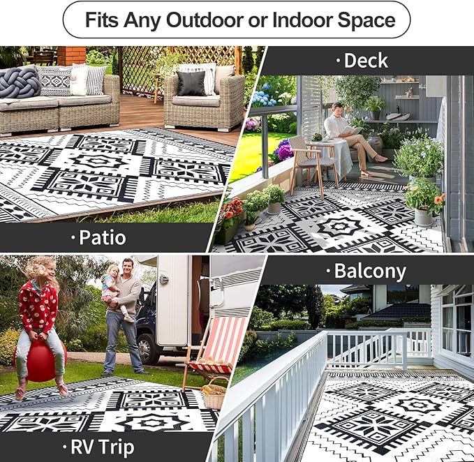 Waterproof Outdoor Rug 9x12ft, Boho Reversible Plastic Straw Mat for Patio RV Deck Porch Backyard Balcony Camping Picnic Beach Indoor Outdoor Carpet, Black&White