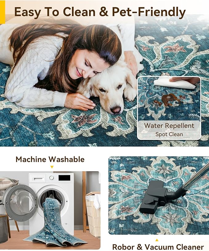 Area Rugs 3'x12' Runner Rug Non Slip Washable for Kitchen Hallway Bedroom Beside Laundry Room Bathroom Rug, Floor Carpet, Teal Green Lake Blue Turquoise