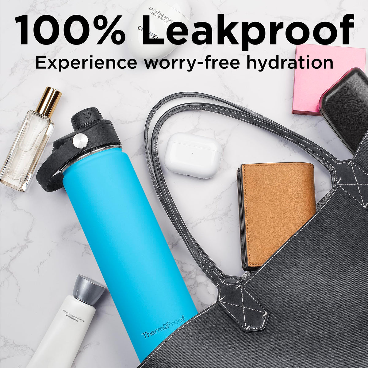 ThermoProof Double-Walled Vacuum Insulated Stainless Steel Water Bottle - Wide Mouth with Chug & Spout Lids, Dishwasher Safe, Reusable, Leakproof, Hot & Cold for Men, Women & Kids - 22oz, Light Blue