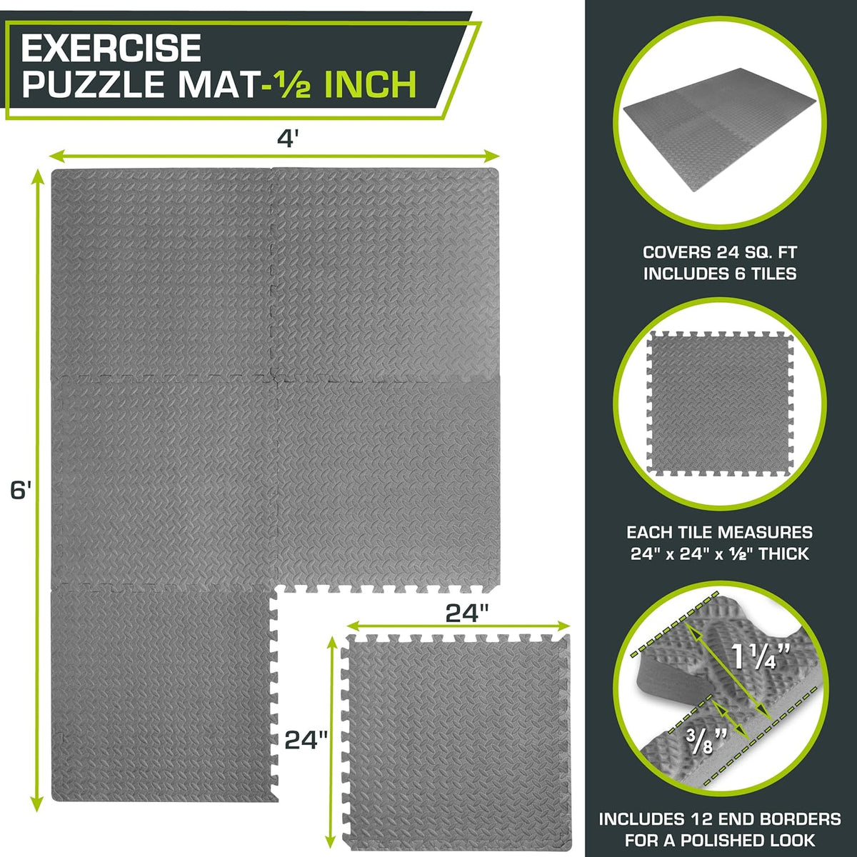 ProsourceFit Puzzle Exercise Mat - EVA Interlocking Foam Tiles for Home Gym | Grey, 24" x 24" - 6 Tiles