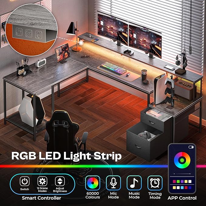 PRAISUN 66" L Shaped Gaming Desk with LED Lights & Power Outlets, Computer Desk with Fabric Drawers and Print Stand, Corner Office Desk, Monitor Stand, Mesh CPU Stand, Grey