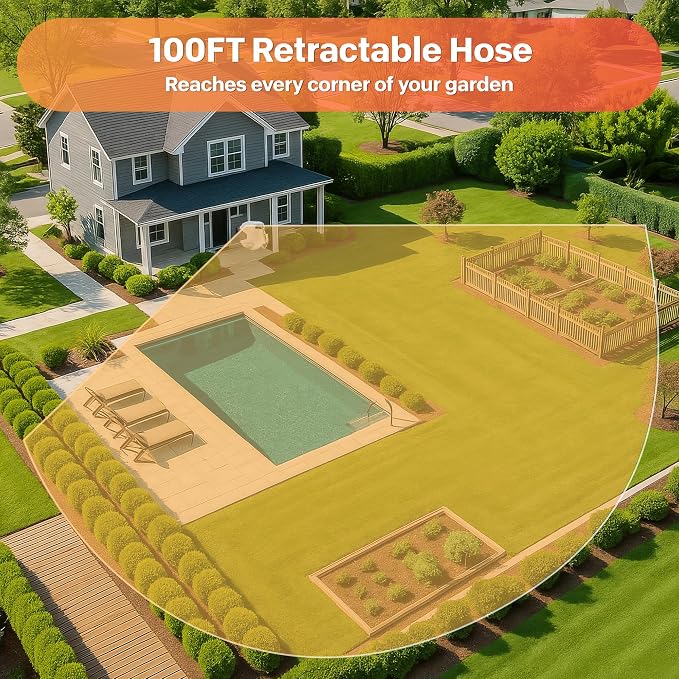 Ayleid Retractable Rubber Hybrid Garden Hose Reel, 1/2"x100ft Wall Mount | Anti-freeze, kink-free premium rubber hybrid hose, 24-month warranty, 9-pattern sprayer, any-length lock, slow auto-return.