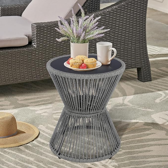 SUNNYPARK Outdoor Side Table 20'' H Small End Tables Woven Rope Weather Resistant with Glass Top Round Coffee Table for Indoor Balcony Patio Poolside (Gray)