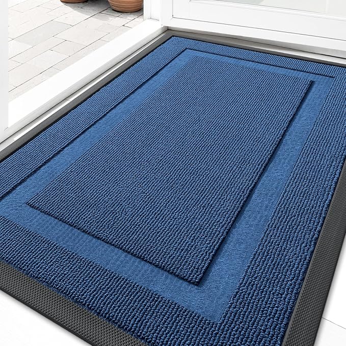 OLANLY Front Door Mat Indoor Outdoor Entrance, Waterproof All-Season, All-Weather Doormat, Sturdy Natural Rubber, Low Profile, Easy Clean Patio Porch Entryway Mat, 71x23, Navy Blue