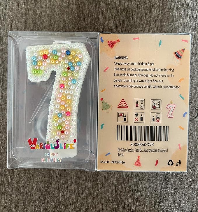 Birthday Candles, Pearl Sequin Number Candle Party Supplies (Number-7)