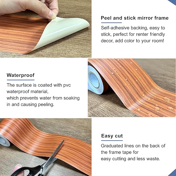 TIANLDD 27 FT Wood Grain Wallpaper Border, Removable Waterproof Mirror Border
