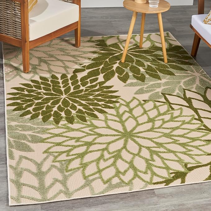 Nourison Home Aloha Tropical Indoor/Outdoor Ivory Green 6' x 9' Area Rug, Easy Cleaning, Non Shedding, Bed Room, Living Room, Dining Room, Backyard, Deck, Patio (6x9)