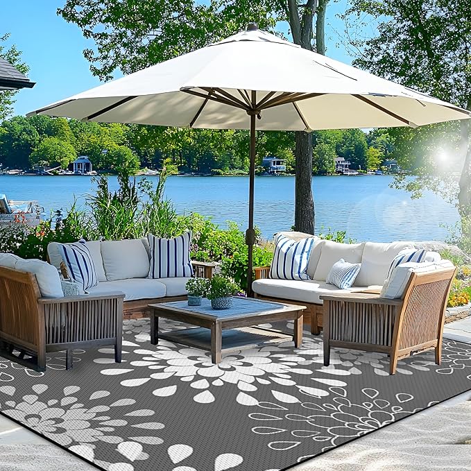 Wallona Outdoor Rugs 5x8 ft Patio Waterproof Clearance Indoor Outdoor Carpet for Patio Plastic Straw Reversible Area Rugs Mat for RV, Camping, Balcony, Beach, Picnic, Porch, Flower Grey & White