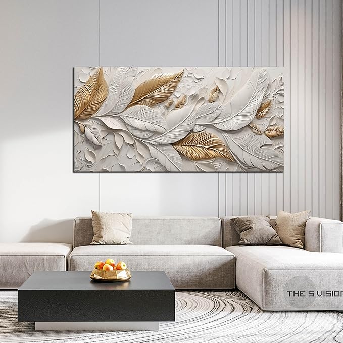 Feather Canvas Wall Art for Bedroom - White and Gold Pictures for Living Room - Modern Art Wall Decor for Office Size 29" x 59"