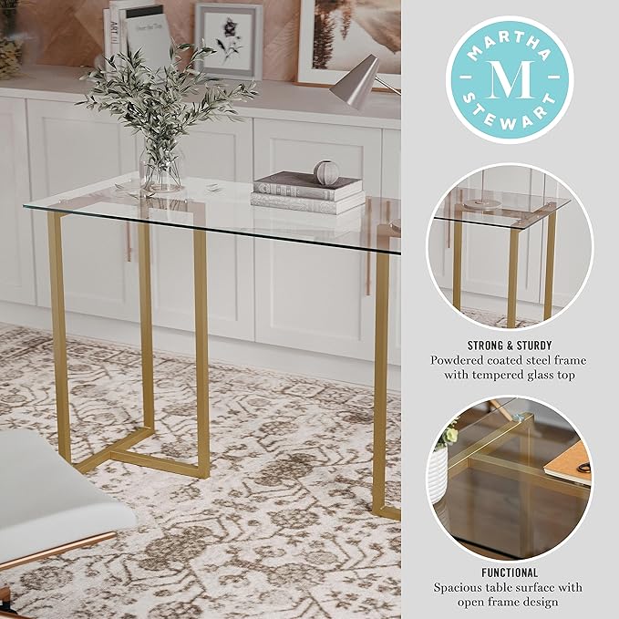 Martha Stewart Eli Home Office Desk with Glass Top and Steel Frame, Polished Brass