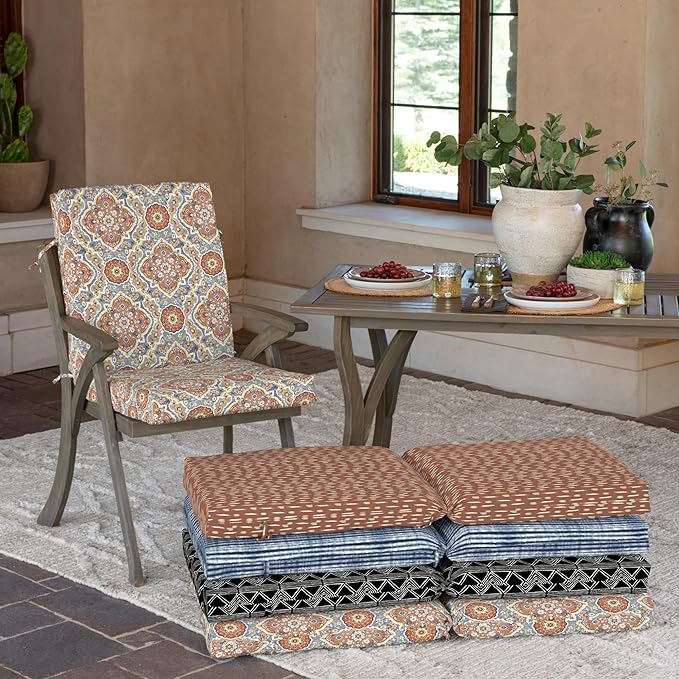 Arden 2-Pack Outdoor Patio Dining Chair Cushion, 20x44, Rain-Proof Seat Pad, Fade-Resistant Outdoor Cushion Global Vintage Medallion