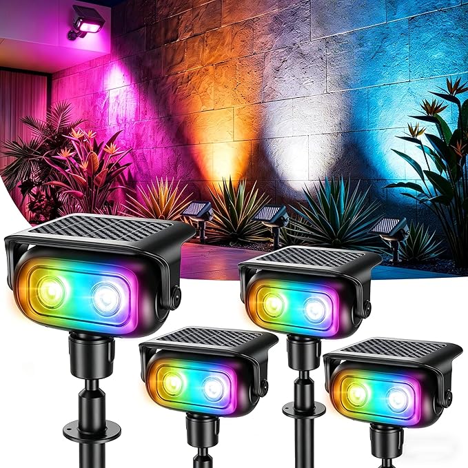 Brizled 4 Pack RGB Solar Spot Lights Outdoor, 360° Rotation 9 Colors & 11 Modes Color Changing Spotlights July 4th Outdoor Landscape Lights Solar Spot Landscaping Pathway Lighting for Path Garden Yard