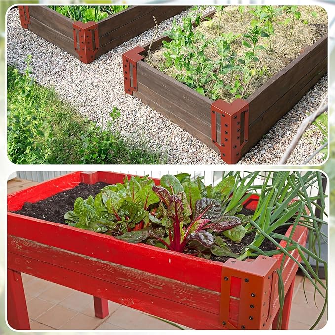 MorningRo 12 Pack Raised Garden Bed Corner Brackets with Securing Lip Fits Lumber up to 2" x 12" Metal Garden Corner Bracket for Wood Frame Bed 4.7" L x 2" W x 10.5" H (Sand Red)