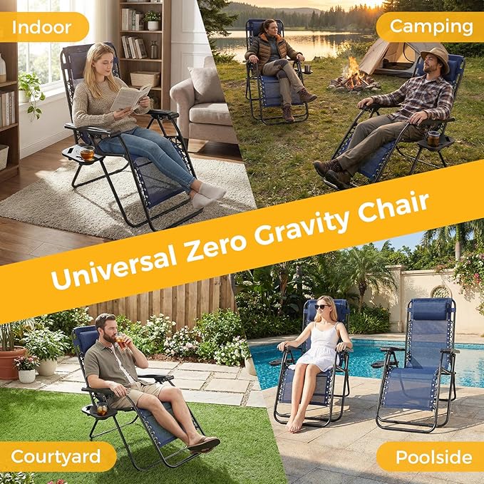 Alpen Folding Lounge Chair Outdoor Set of 2, Lawn Chairs Adjustable & Foldable with Side Table Headrest, Portable Blue Reclining Camping Chair for Outdoor Camping, Blue