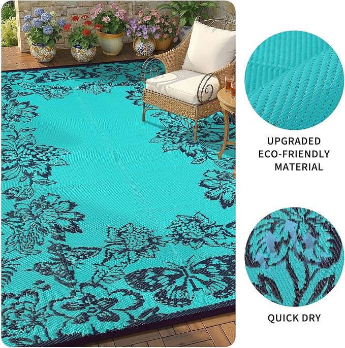 Garvee 5’x8’ Waterproof Patio Outdoor Rug, Outdoor Plastic Straw Rug for Camping, RV Mat Outside, Indoor Outdoor Carpet for Porch, Deck, Backyard, Balcony, Picnic, Dark Blue & Teal
