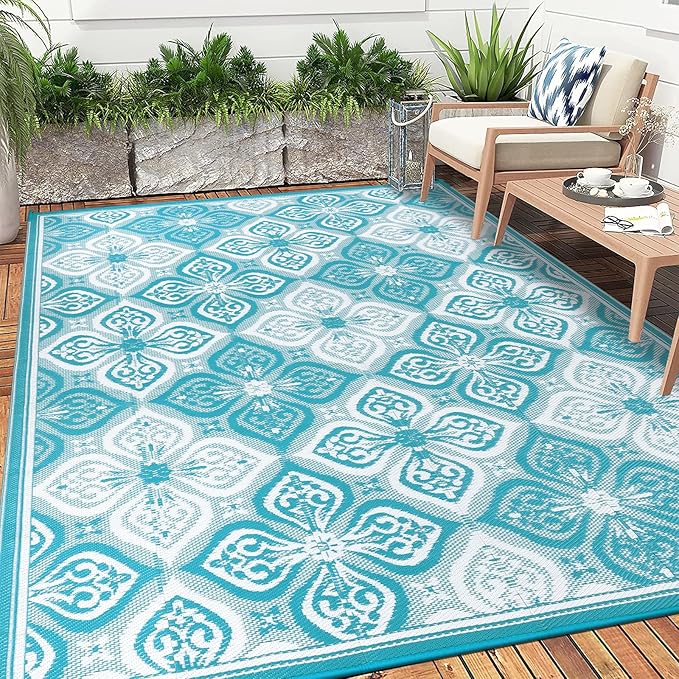 Pauwer Waterproof Outdoor Rug 8x10, Reversible Plastic Straw Patio Camping Rug, Indoor Outdoor RV Mat Carpet for Deck, Camper, Porch, Balcony, Backyard, Picnic, Clover Teal