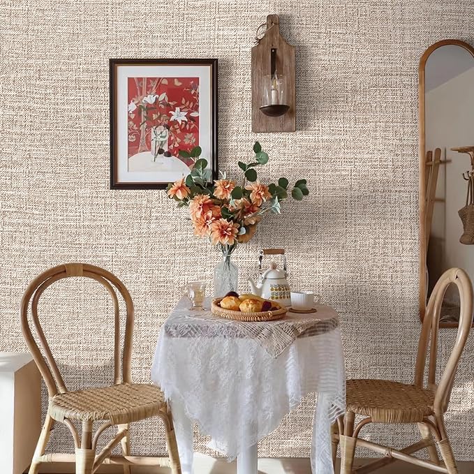 Amiya Grasscloth Khaki Wallpaper Peel and Stick Tan Faux Fabric Linen Contact