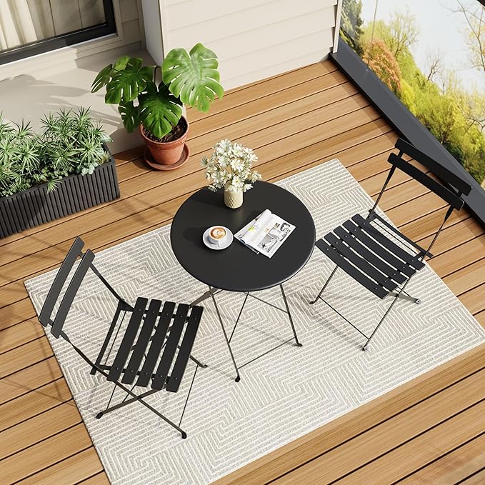 3-Piece Folding Bistro Set, Outdoor Patio Furniture Set with 2 Chairs & 1 Table, Space-Saving Foldable Balcony Garden Set with Heavy-Duty Powder-Coated Steel Frame, No Assembly Required, Black