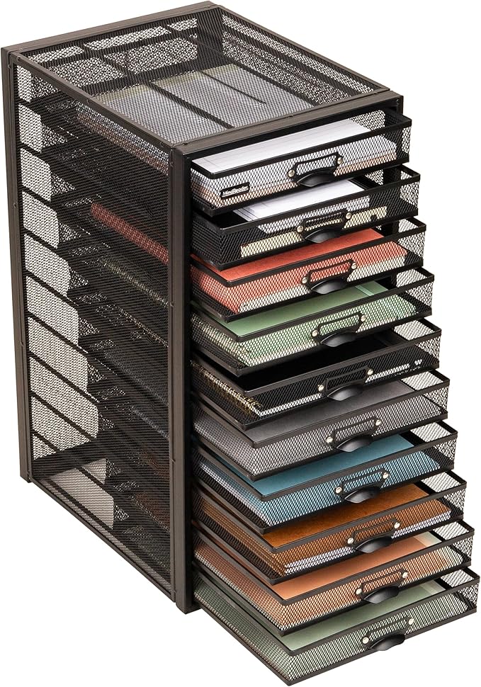 Mind Reader 10-Drawer Desk Organizer for Office Supplies, Crafts, Mail Sorting & More, Metal Mesh, 10.75"L x 14"W x 21.25"H, Black