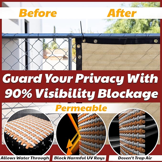 Amgo Custom Made 3' x 110' Beige Balcony Privacy Screen, Apartment Porch Railing Patio Fence Windscreen Fabric Cloth, Heavy Duty, Commercial and Residential, 90% Blockage (We Customize)