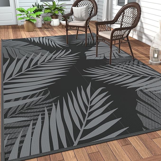 GENIMO Outdoor Rug 8' x 10' Waterproof for Patios Clearance, Reversible Outdoor Plastic Straw Camping Rug Carpet, Large Area Rugs Mats for RV, Camper, Deck, Balcony, Porch, Beach, Picnic, Black&Grey
