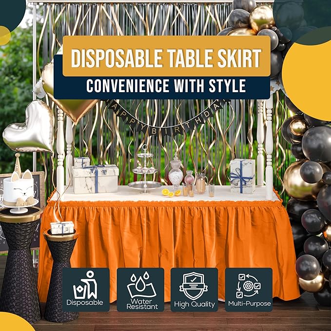 Exquisite Ruffle Table Skirt Orange 48 Pack 14 Ft Long Table Skirts for Rectangle Tables 6ft Plus or Round Tables Skirts with Adhesive Strip for Gender Reveal Decor & Happy Birthday Parties