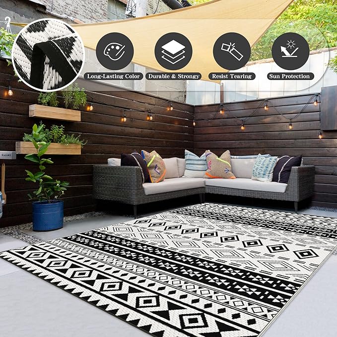 Wallona Outdoor Rugs 8x10 ft Patio Waterproof Clearance Indoor Outdoor Large Carpet for Patio Plastic Straw Reversible Area Rugs Mat for RV, Camping, Balcony, Beach, Picnic, Porch, Boho Black & White