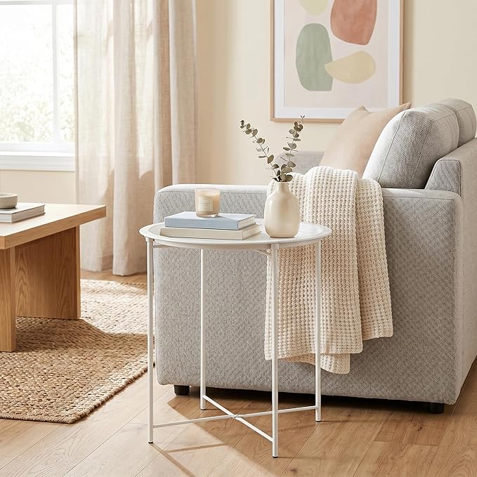VECELO Side/End Table, Folding Round Metal Anti-Rust and Waterproof Outdoor or Indoor Tray for Living Room Bedroom Balcony and Office, 2 PCS, Beige
