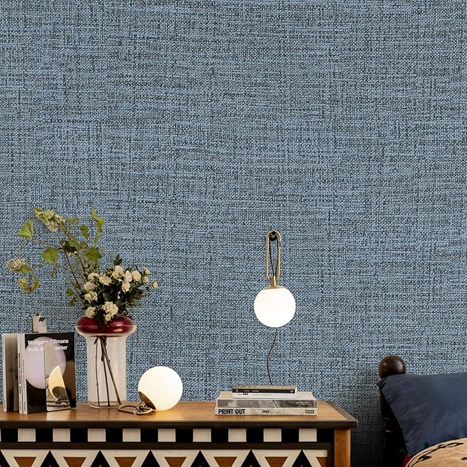Blue Gray Grasscloth Peel and Stick Wallpaper 17.3"x300" Faux Linen Textured