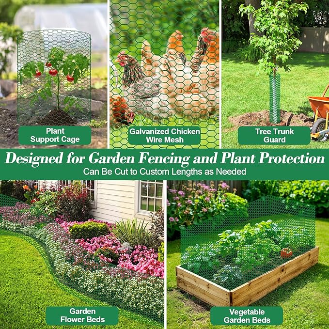 Lucomb Plant Protectors from Animals 15.7 x 157 in Green Chicken Wire Plant Cages for Outdoor Plants, Hexagonal Wire Plant Protector with Ground Stakes, Pliers, Garden Protection from Animals