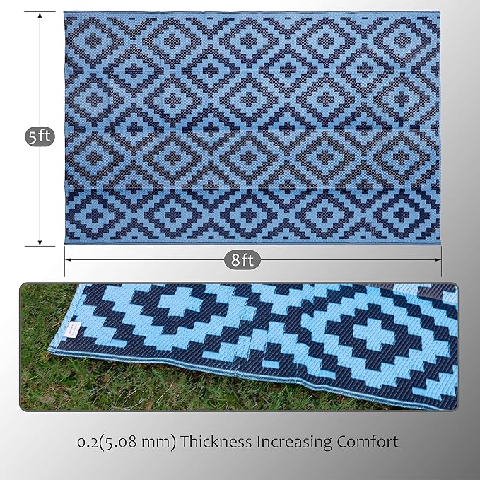 SAND MINE Reversible Mats, Plastic Straw Rug, Modern Area Rug, Large Floor Mat and Rug for Outdoors, RV, Patio, Backyard, Deck, Picnic, Beach, Trailer, Camping, Blue, 5' x 8'