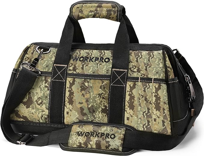 WORKPRO 16-Inch Wide Mouth Tool Bag, Multi-Pocket Tool Bags for Men with Adjustable Shoulder Strap, Waterproof Oxford Fabric and Sturdy Buttom
