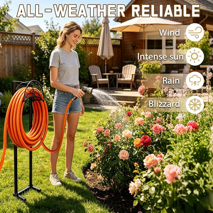 Garden Hose Holder, Heavy Duty Stainless Steel Garden Hose Reel with Triangle Reinforcement, Supports 150 ft Hose, 45-Inch Ergonomic Water Hose Stand for Outside, Black