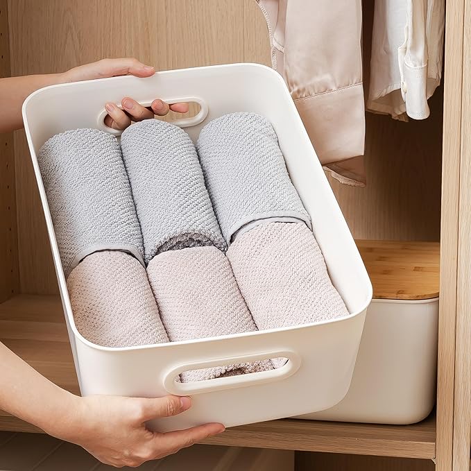 Citylife 4 PCS Storage Bins with Bamboo Lids Plastic Storage Containers for Organizing Stackable Storage Box with Handle, 14 x 10.6 x 6.18 inch