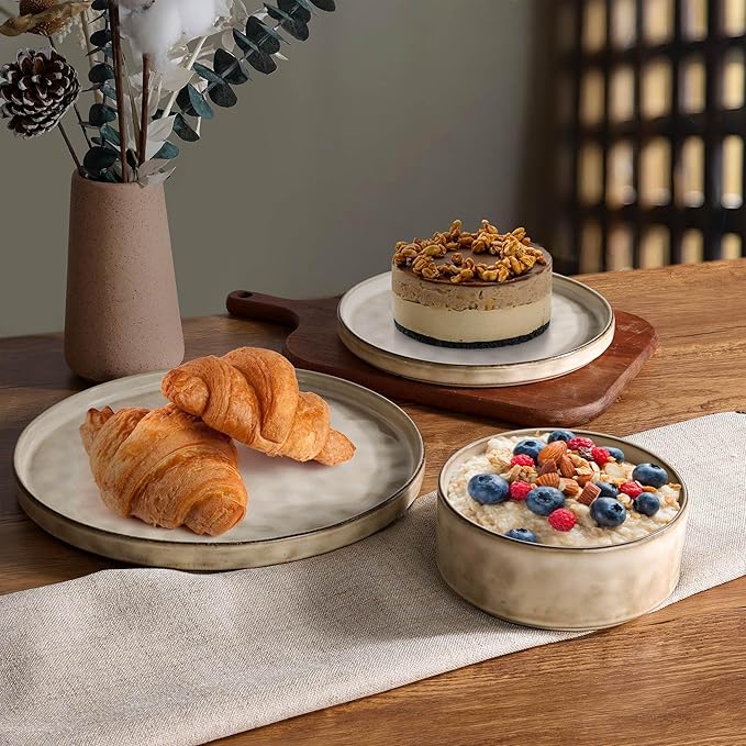 LIANYU 18 Piece Dinnerware Dish Set for 6, Stoneware Plates and Bowls, Ceramic Dinner Tableware Sets Includes Dinner Salad Plates, Cereal Bowls, Chip & Scratch Resistant, Sandy Beige