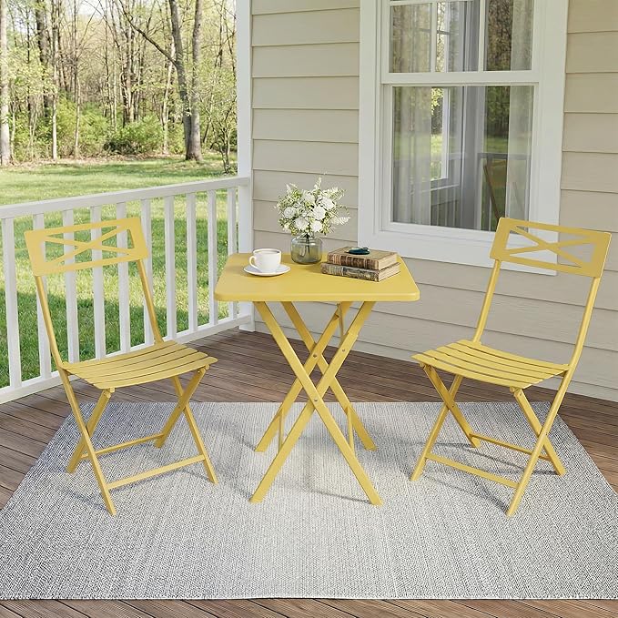 Outdoor Square Bistro Set 3 Piece, Yellow Iron Tube Patio Furniture Set with Square Table & 2 Chairs, Foldable Steel Backyard Deck Porch Garden , Space Saving Outdoor Dining Set for Small Spaces