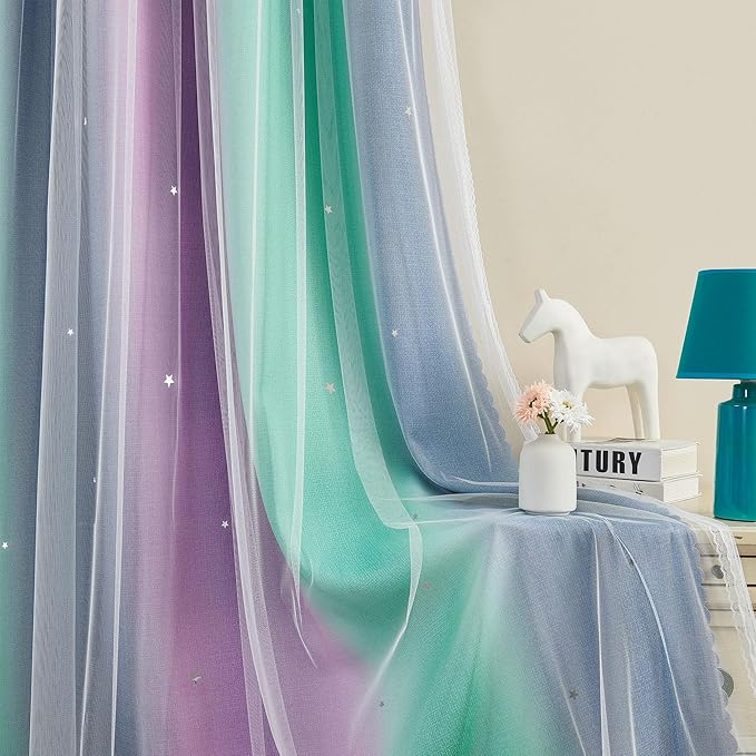 XiDi Curtains for Bedroom Decor, Rainbow Purplgreen grey34/96