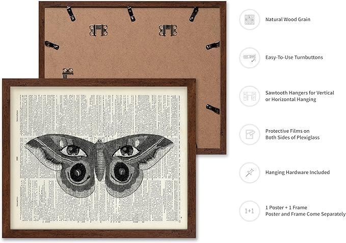 Poster Master Dictionary Art Poster - Butterfly Print - Eyes on Wings Art - Insect Art - Gift for Men, Women & Animal Lover - Gothic Decor for Living Room, Bedroom or Dorm, 8x10 Brown Framed