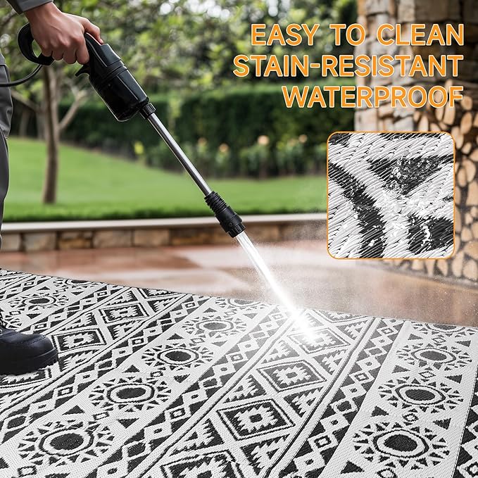Outdoor Rug Waterproof 9x12 ft, Reversible Outdoor Plastic Straw Rug Patio Rug, RV Rugs for Outside, Outdoor Carpet for Patio Camping Deck Balcony Backyard, Black & White