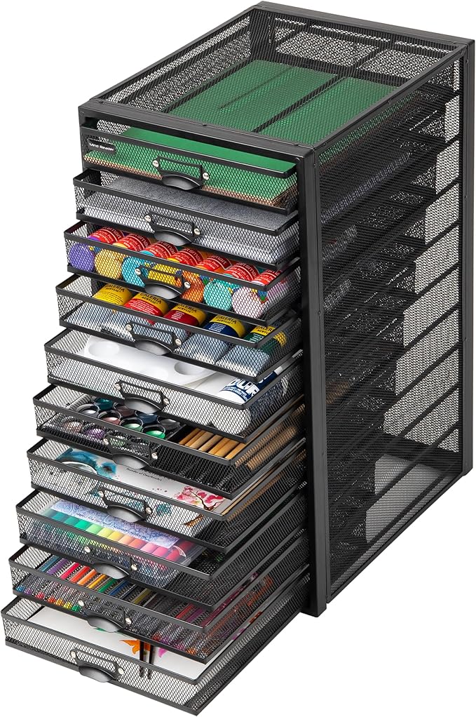 Mind Reader 10-Drawer Desk Organizer for Office Supplies, Crafts, Mail Sorting & More, Metal Mesh, 10.75"L x 14"W x 21.25"H, Black