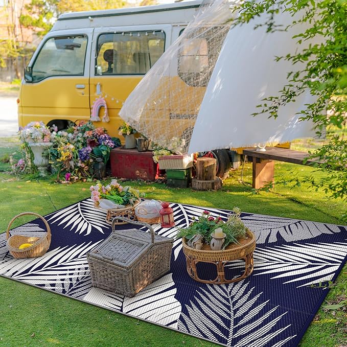 GENIMO Outdoor Rug 6' x 9' Waterproof for Patios Clearance, Reversible Outdoor Plastic Straw Camping Rug Carpet, Large Area Rugs Mats for RV, Camper, Deck, Balcony, Porch, Beach, Navy Blue&White