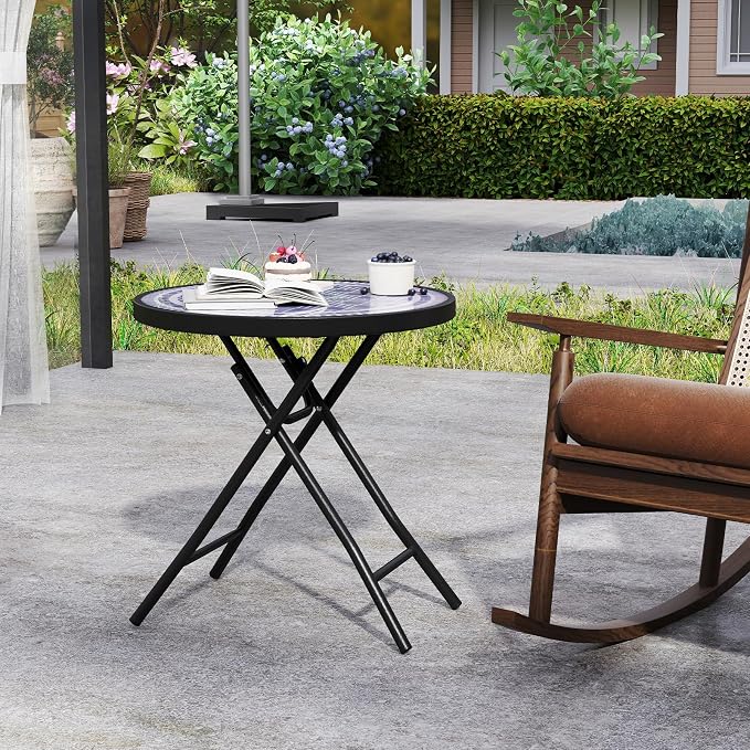 Giantex Folding Outdoor Side Table with Tempered Glass Tabletop & Metal Frame, Portable 18” Round End Table for Patio, Sofa Side, Yard, Porch, Poolside Living Room, Grey