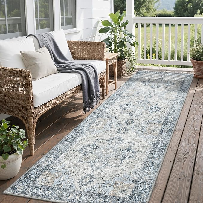 GENIMO Outdoor & Indoor Runner Rug 2'x5', Waterproof, Non-Shedding, Easy Cleaning, Boho Mat for Patio, Kitchen, Balcony, Bath Room, Deck, Bedroom, Camping, Outside Carpet,Blue
