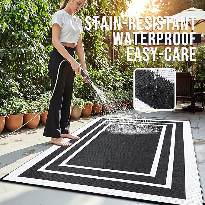 OLANLY Outdoor Rug 8x10 ft Waterproof, Reversible Outdoor Plastic Straw Rug, RV Mat, Indoor Outdoor Carpet Clearance for Patio, Camping, Balcony, Deck, Backyard, Black & White