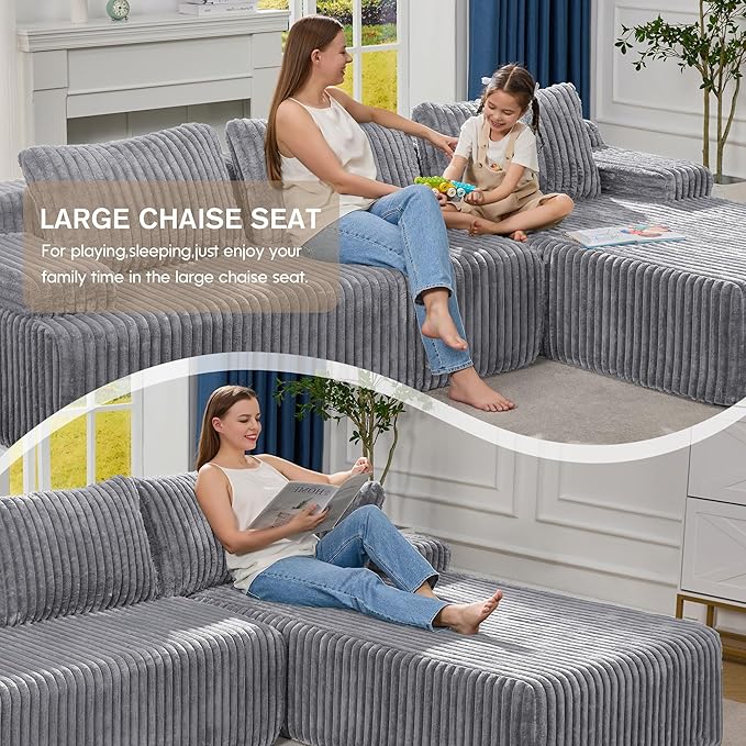Hobestluk Modular Sectional Sofa Couches L-Shape Couch 3 Seat Modular Sofa Memory Foam Sectional Couches for Living Room, Cloud Couch with Oversized Chaise (108" Right Facing Chaise)