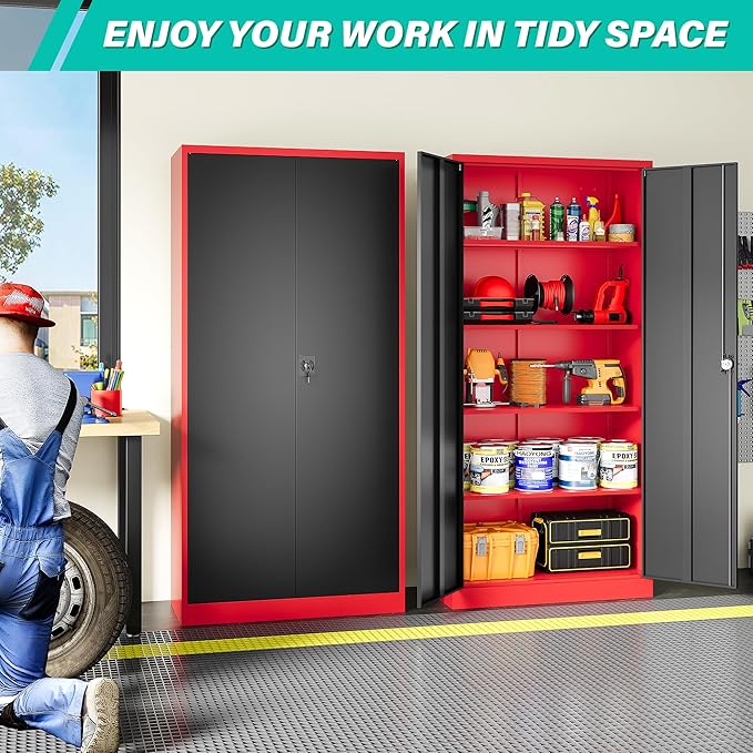 SISESOL Wide & Deep Metal Storage Cabinet with Lock & Adjustable Shelves,72" Red Black Garage Storage Cabinet with Locking Doors,Lockable Cabinets for Home,Office,Shop,Garage,Basement 72x36x18