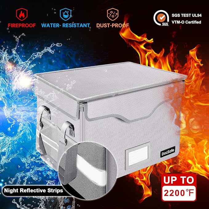 DocSafe Fireproof Document Box with Lock,File Storage Organizer with Pockets,Collapsible Portable File Box Home Office Safe Filing Cabinet with Handle for Hanging Letter/Legal Folders,Silver,2 Pack
